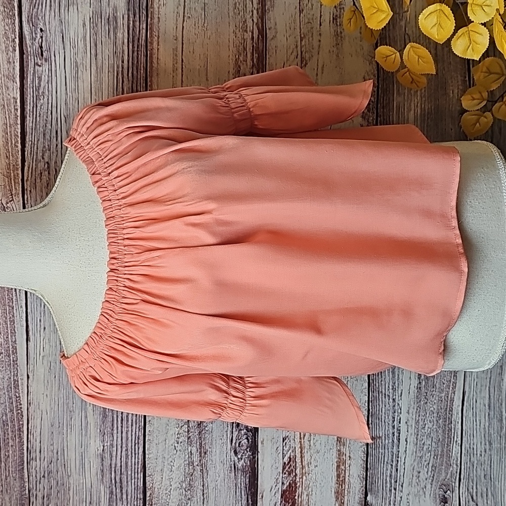 NOBLE U MELON OFF THE SHOULDER 3/4 ASYMMETRICAL SLEEVE BABYDOLL CROP TOP - Picture 2 of 12